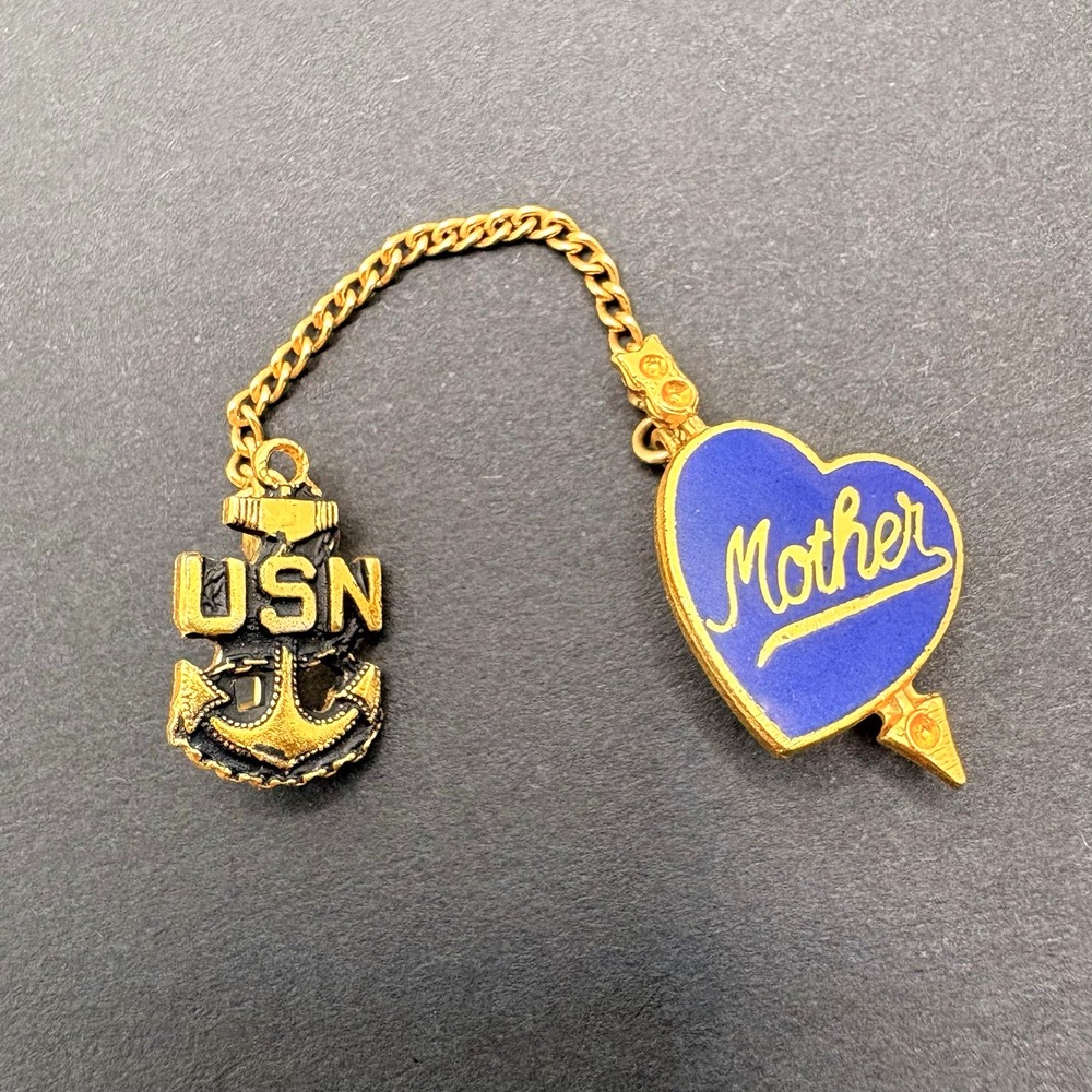 Vintage USN Gold Tone Sweetheart Brooch Blue Enamel Heart Mother Patriotic Pin